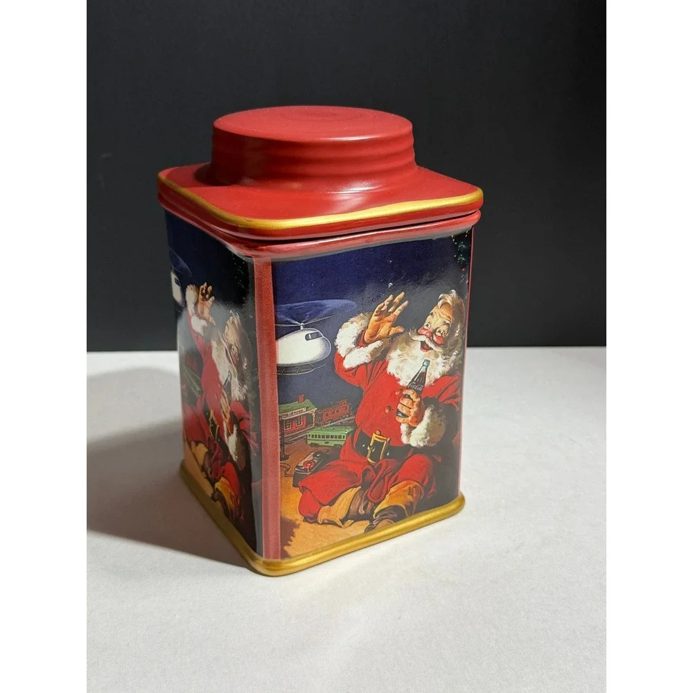 Coca-Cola Santa Claus Ceramic Holiday Canister Jar Red Gold Trim Vintage Style
